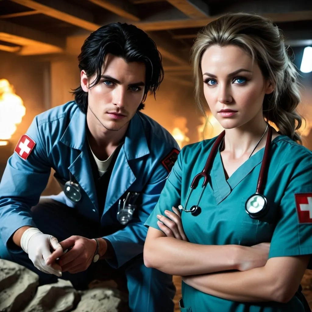 Prompt: medical scene with two rebel medics, handsome 20-year-old man with black hair and blue eyes, and older woman 50-year old  female, sandy hair,Professor Stanza, aid station, dramatic low professional lighting, intense atmosphere, rebel medics, post-apocalyptic setting, detailed facial features, professional, dramatic lighting, intense atmosphere, underground rebels, highres, dramatic, post-apocalyptic,  rebel medics