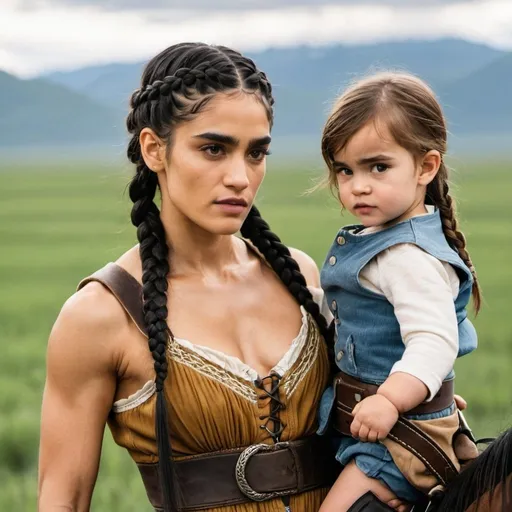 Prompt:   woman with braided hair and sofia Boutella features ready for fight, a baby strapped to her chest, and braided hair western, set in travel, midwest farm
