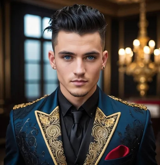 Prompt: Handsome 24-year-old with black hair, mohawk, and intense blue eyes, wearing a black dinner jacket with ornate gold and red thread designs, future, rebels, war, refugee  rebels, scarred, sophisticated, elegant, stylish, , mohawk, dinner setting, 

