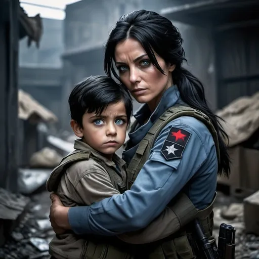 Prompt: dark black hair
the mother's protective supports   her small  injured seven year old  blue eye son with handsome dark  black hair.  rebels, 
 gritty,  Moody light, cinematic, warzone,, terrorists,, dramatic lighting, tactical , cargo pants
