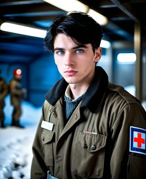 Prompt: handsome, black hair, blue-eyed 20 year old man, innocent face,  dressed in medic smock, medic underground rebels.  Working in aid station with mentor, Prof Stanza,
 intense atmosphere, dramatic  low  professional lighting, winter, post apocalyptic