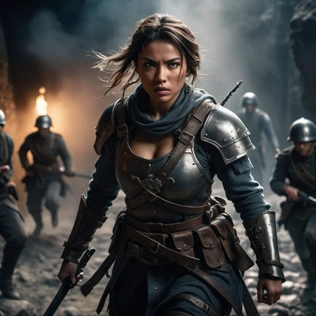 Prompt: (dungeon setting), (heroic woman soldier), intense battle action, dramatic lighting, smoky atmosphere, chains and stone walls, fierce determination on her face, shadows playing on her armor, soldiers clashing in the background, deep earth tones mixed with cold steel hues, focus on freedom struggle, high detail, 4K quality, cinematic ambiance.