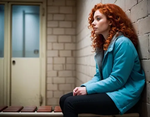 Prompt: girl dressed in winter clothes sitting on a bench at the far wall of the prison cell. She stared at him down the sharp edges of her cheeks partly hidden behind her curly red hair, her body relaxed as it slouched against the wall, legs crossed. 