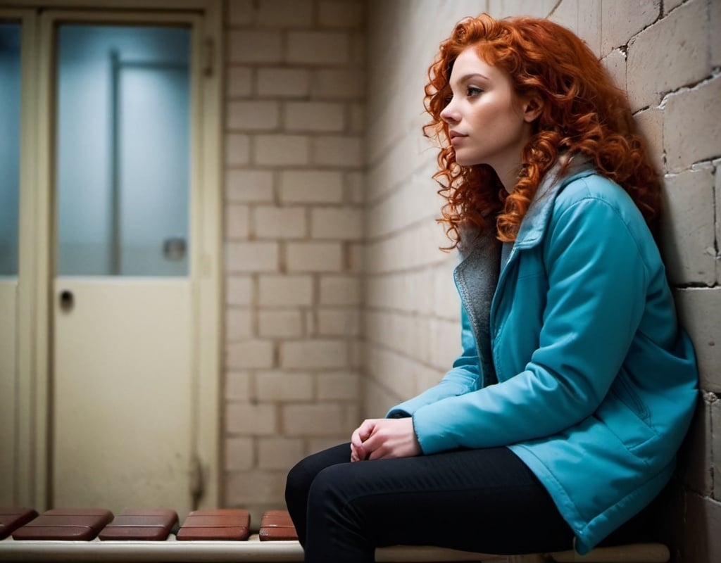 Prompt: girl dressed in winter clothes sitting on a bench at the far wall of the prison cell. She stared at him down the sharp edges of her cheeks partly hidden behind her curly red hair, her body relaxed as it slouched against the wall, legs crossed. 