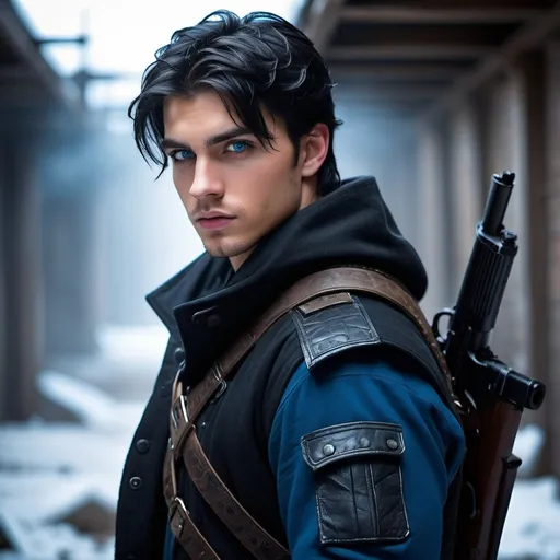 Prompt: handsome, black hair, blue-eyed young man, innocent face,   warrior, underground, wearing guns rebels. intense atmosphere, dramatic  low  professional lighting, winter, post apocalyptic urban fantasy setting, dramatic lighting, intricate architectural details, high quality, realistic fantasy, urban setting, detailed expressions, dramatic lighting, 