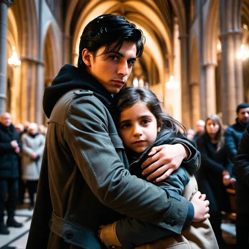 Prompt: The small little girl who ran to the handsome black hair, 15 year old boy, and threw her arms around him.
She just clung to him, her face buried in his coat.  dimly lit Cathedral, 
inside Cathedral setting, gritty,  Moody light, cinematic, warzone,, terrorists, refugee, dramatic lighting on boy and girl
