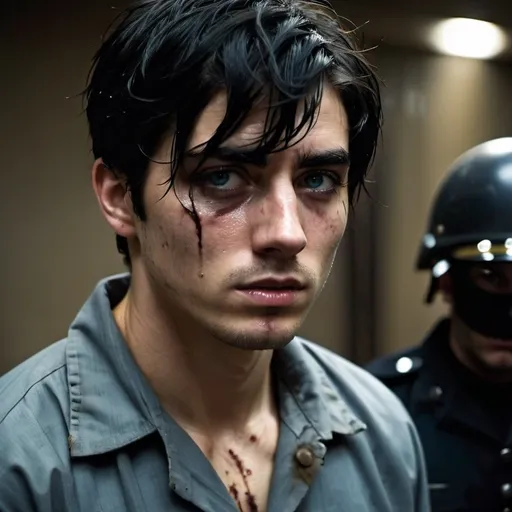 Prompt: interrogation,   20 years old,  with black hair now longer fell over his icy blue eyes  Skinny, starved, thin. tears, crying, gritty, surrounded by black masked  guards, surrounding captive, Rebels, scars, blisters, bruises. dark,  suffering, handsome dark hair, tears, sad, sorrow, gritty, dark, painful, brow pinched, tattered shirt,bruises, injury,  prison grime, scars, blisters, bruises. gritty, brow pinched, consuming pain, weeping eyes, shackles, injury, darkness, low dramatic light, cinematic 
 Gritty, low light
intense, prison guards,

