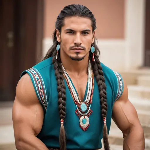 Prompt: Algerian, big muscles, named Alessario Bancroft, Uncle, Native American influenced clothes, long braided hair