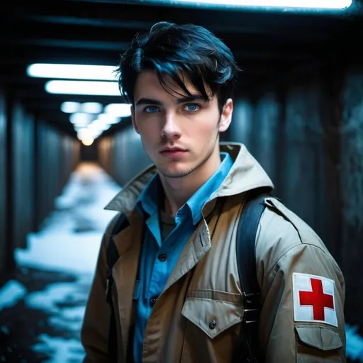Prompt: handsome, black hair, blue-eyed 20 year old man, innocent face,  dressed in medic smock, medic underground rebels. intense atmosphere, dramatic  low  professional lighting, winter, post apocalyptic