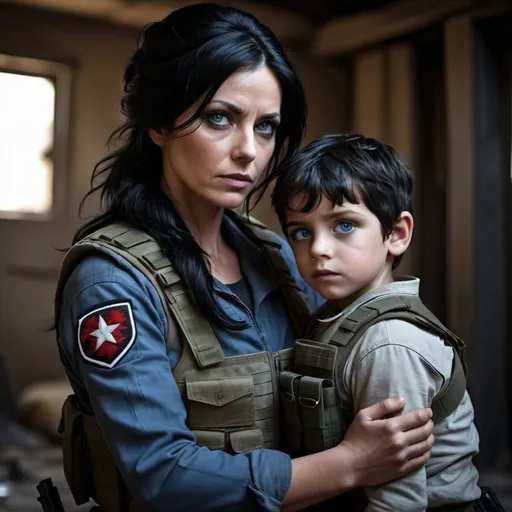 Prompt: dark black hair
the  beautiful mother's protective supports   her small  injured seven year old  blue eye son with handsome dark  black hair.  rebels, 
 gritty,  Moody light, cinematic, warzone,, terrorists,, dramatic lighting, tactical , cargo pants
