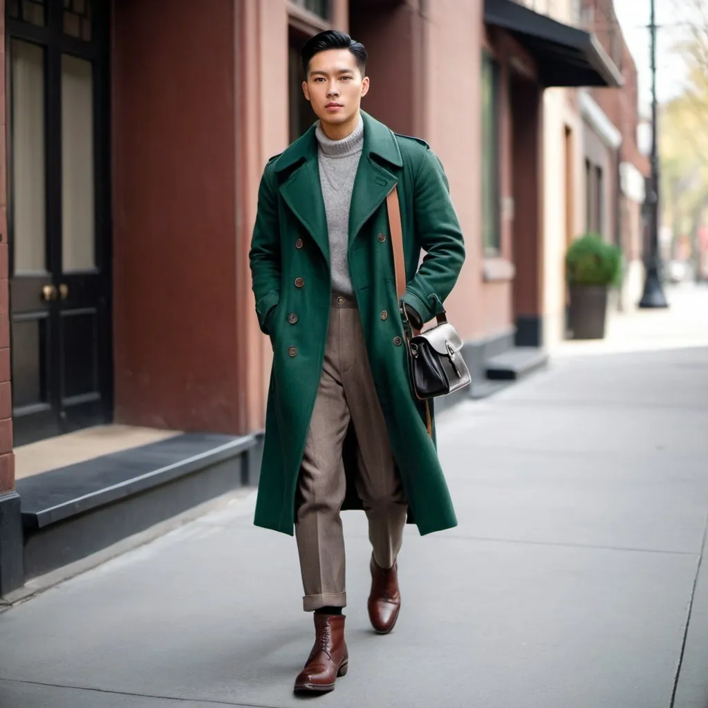 Prompt: 1940's young Asian man, Brown casual boots, a green shirt, a dark gray wool sweater. a long gray trench coat. Only his leather gloves, black satchel.  hight and tight sharp haircut.
