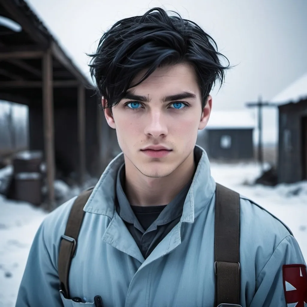 Prompt: Handsome 18-year-old man with black hair, blue eyes, and a fresh face, dressed in a light blue medic smock, intense atmosphere, dramatic low professional lighting, post-apocalyptic winter setting, detailed eyes, highres, intense atmosphere, professional lighting, post-apocalyptic, winter, dramatic, rebel medic, blue tones