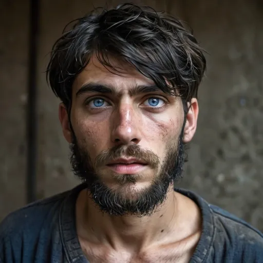 Prompt: full image, Handsome but starved, holocaust thin, emaciated, young 20-year-old with longish black hair and  long bangs, gaunt, beard and intense blue eyes, bruises, convict, thin, heavy beard, escaped at night, injured, in metal dump,  big beard, escaping 1880's prison, tattered , poor ripped, old, dirty clothes, gaunt, battle injury, future, poverty, rebels, war, refugee rebels, gritty, escape, on the run, evade, night time, facial hair, sorrowful, thick beard,