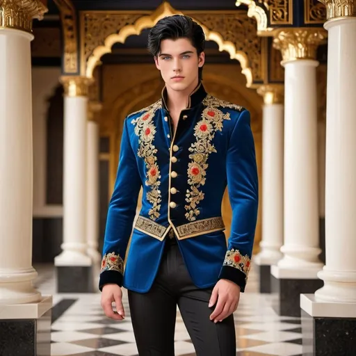 Prompt: a handsome  strong, 20-year-old man with black hair and blue eyes,clothes, said he’d match her for the evening. It was a black jacket with strange stitches and pieces that made it fit perfectly, Gold and red thread glimmered ornate designs over the entire thing and the buttons were made of solid gold. He’d worn his own boots but they had polished them 