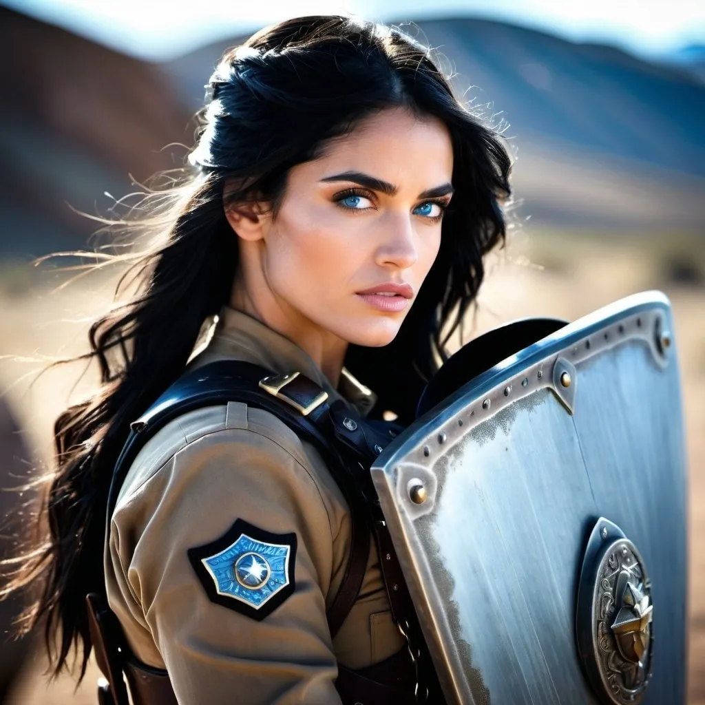 Prompt: beautiful woman  soldier with sofia Boutella Cradleboard on her back, dusty western setting, handsome dark hair man with icy blue eyes, mamabear, defender,  intense action, realistic, rugged, dramatic lighting, midwest, high quality, action, dramatic, midwestern, intense, detailed faces, strong woman, dynamic composition
