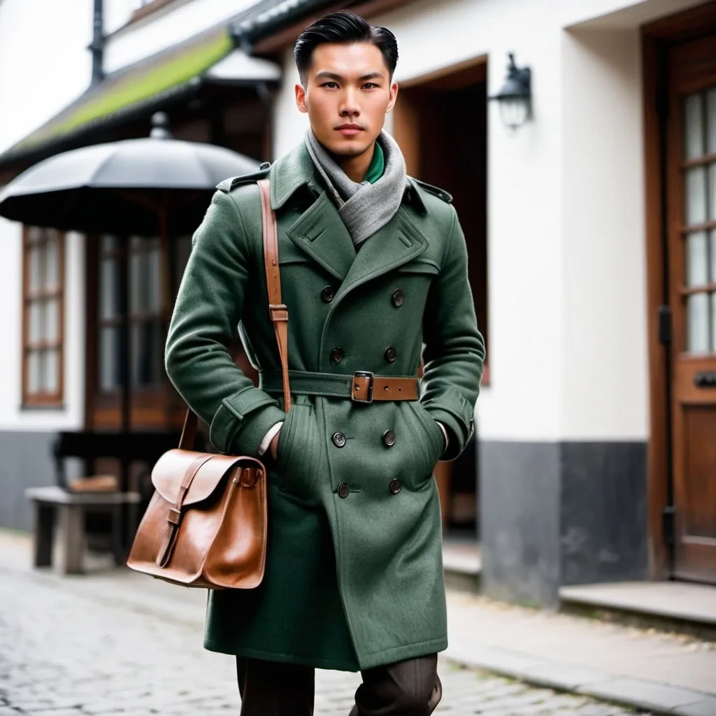 Prompt: 1940's germany young Asian man, was the only time allowed under protocol for him to wear whatever he wanted. Brown casual boots, a green shirt, a dark gray wool sweater. a long gray trench coat. Only his leather gloves he kept from his uniform. He  put a folded green scarf black satchel behind.  Only his sharp haircut.
