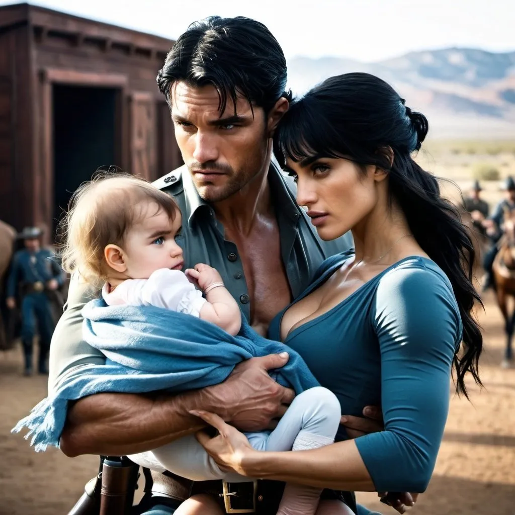 Prompt: beautiful woman  with sofia Boutella features fights off soldier while holding a baby with one arm, dusty western setting, handsome dark hair man with icy blue eyes, mamabear, defender,  intense action, realistic, rugged, dramatic lighting, midwest, high quality, action, dramatic, midwestern, intense, detailed faces, strong woman, dynamic composition