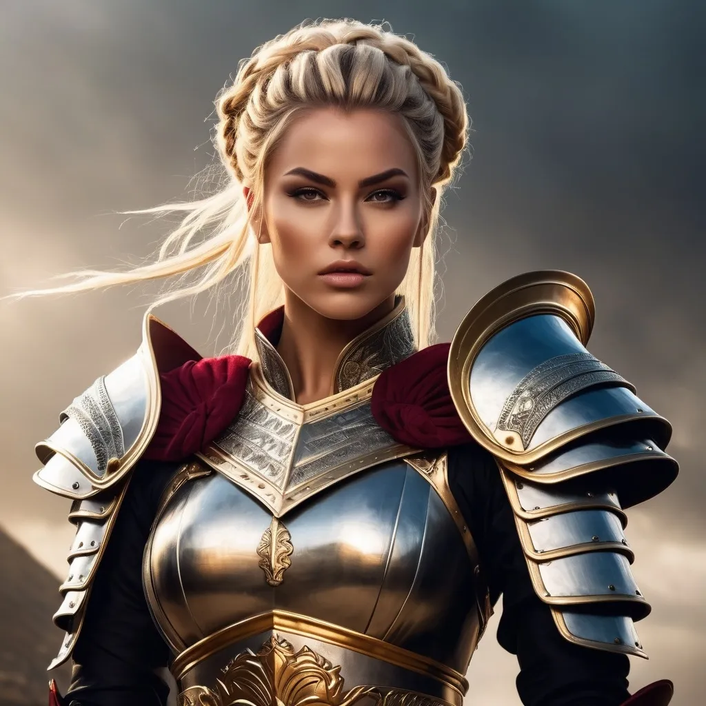 Prompt:  portrait of a warrior queen, with hair made up in high top. powerful stance, strong female character, royalty