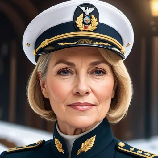 Prompt: Detailed digital painting of a kind-faced, tall older woman in a well-pressed uniform, softening bob under her  soft military cap, futuristic casual military attire, warm and inviting expression, high quality, digital painting, realistic, warm tones, professional lighting, winter