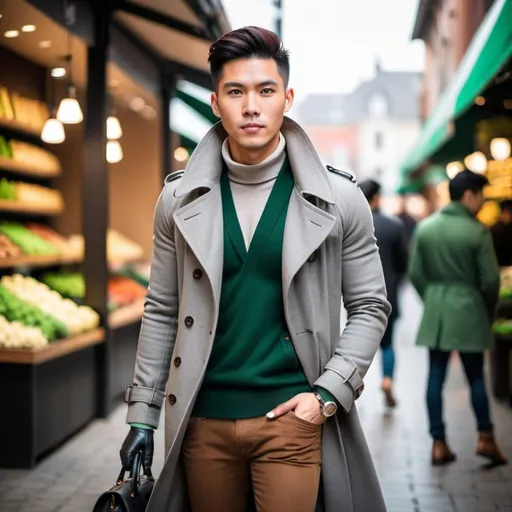 Prompt: vibrant market setting, young  clean shaven Asian man, Brown casual boots, a green shirt, a dark gray wool sweater. a long gray trench coat. leather gloves, black satchel.  hight and tight sharp haircut.
