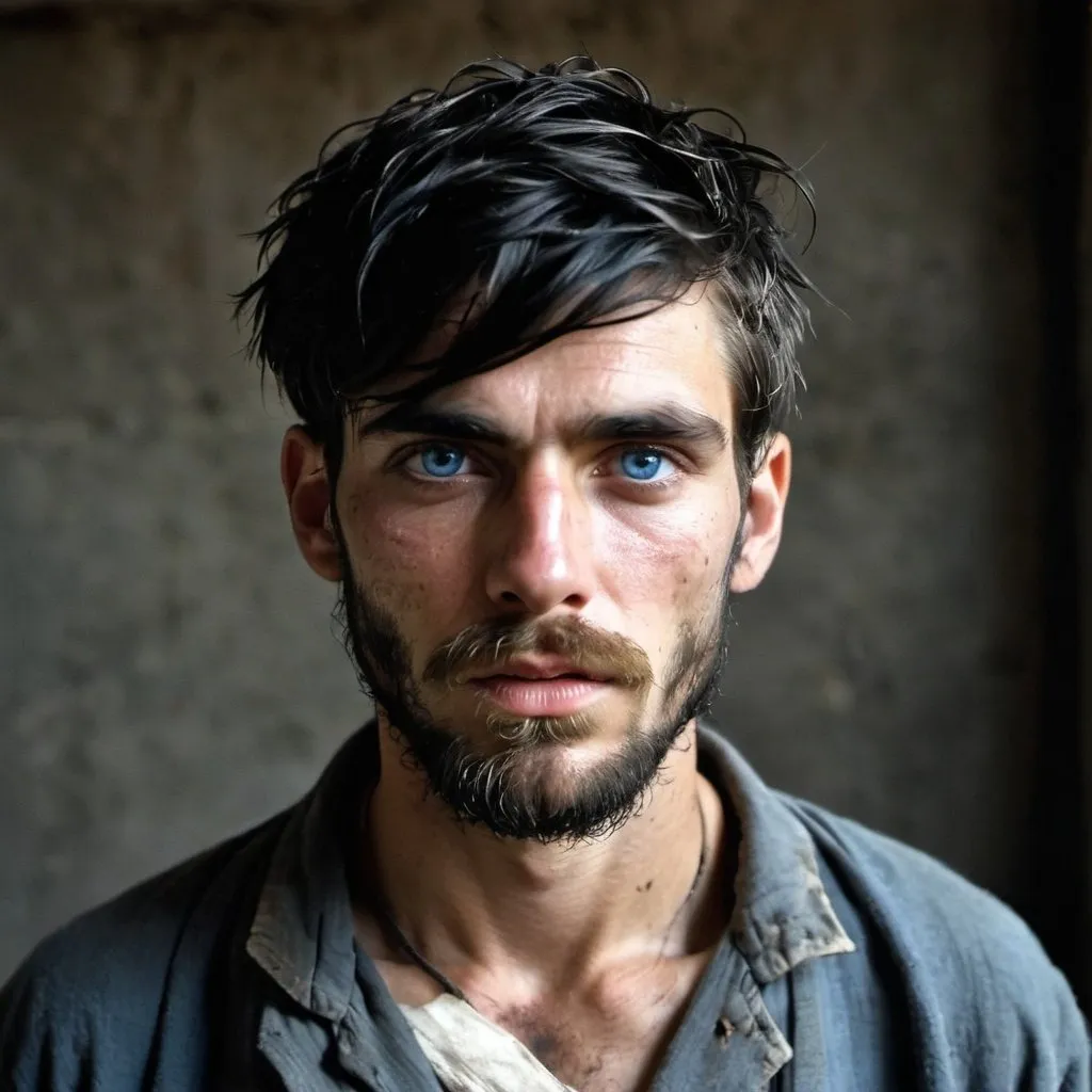 Prompt: Handsome but starved, holocaust thin, emaciated, 22-year-old with longish black hair and  long bangs, gaunt, beard and intense blue eyes, bruises, convict, thin, heavy beard, escaped at night, injured, in metal dump,  big beard, escaping 1880's prison, tattered , poor ripped, old, dirty clothes, gaunt, battle injury, future, poverty, rebels, war, refugee rebels, gritty, escape, on the run, evade, night time, facial hair, sorrowful