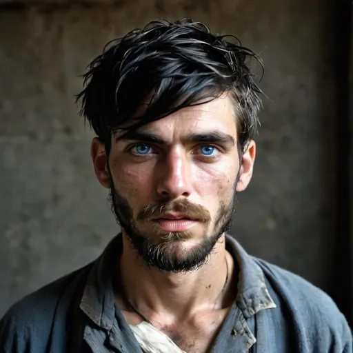 Prompt: Handsome but starved, holocaust thin, emaciated, 22-year-old with longish black hair and  long bangs, gaunt, beard and intense blue eyes, bruises, convict, thin, heavy beard, escaped at night, injured, in metal dump,  big beard, escaping 1880's prison, tattered , poor ripped, old, dirty clothes, gaunt, battle injury, future, poverty, rebels, war, refugee rebels, gritty, escape, on the run, evade, night time, facial hair, sorrowful