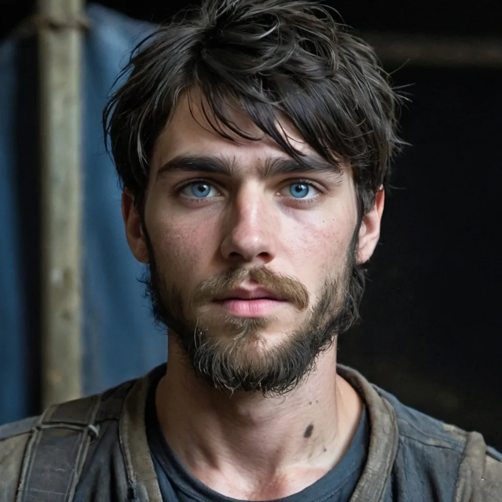 Prompt: full image, Handsome, starved, thin, emaciated, young 20-year-old with black hair and  long bangs, gaunt, beard and intense blue eyes, bruises, convict, thin, heavy beard, escaped at night, injured, in metal dump,  big beard, escaping POW, tattered, poor ripped, old, dirty clothes, gaunt, battle injury, future, poverty, rebels, war, refugee rebels, gritty, escape, on the run, evade, night time, facial hair, sorrowful, thick beard,