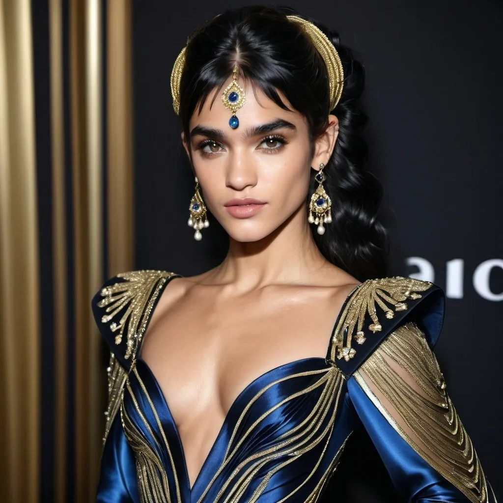 Prompt: Ingush , Sofia Boutella-like woman in a medieval style black silk and shimmering gold dress, adorned with blue and gold jewels, gold coiling bands on arms, pearl rings on fingers, hair swept up high and cascading onto left shoulder, high fashion, detailed facial features, luxurious material, highres, elegant, glamorous, sophisticated, shimmering, opulent, detailed hair, professional lighting Ingush