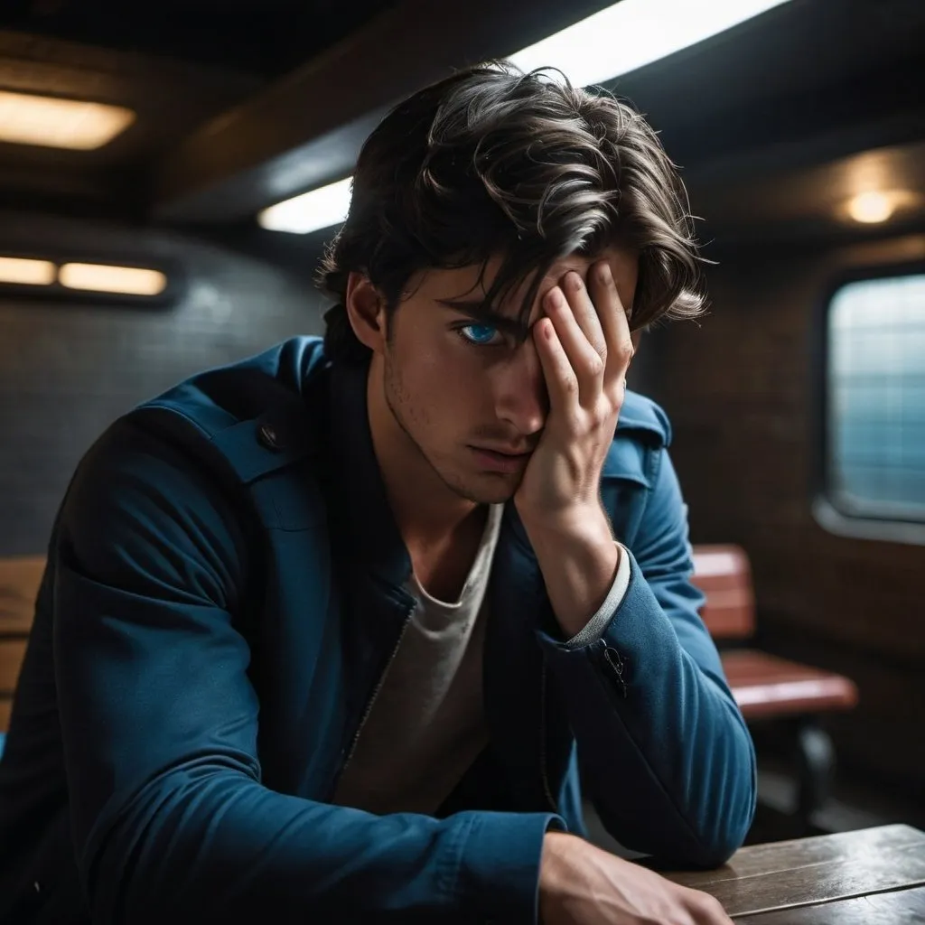 Prompt: He made no attempt to stand from the bench knowing he was incapable and bent over into his hands, covering his face to hide how relieved he actually was. 
 young man with dark hair and blue eyes, injured, resistance, rebels, underground, cinematic, dramatic, moody lighting, gritty, table scene, detailed facial expressions, professional, highres, cinematic lighting, dramatic storytelling