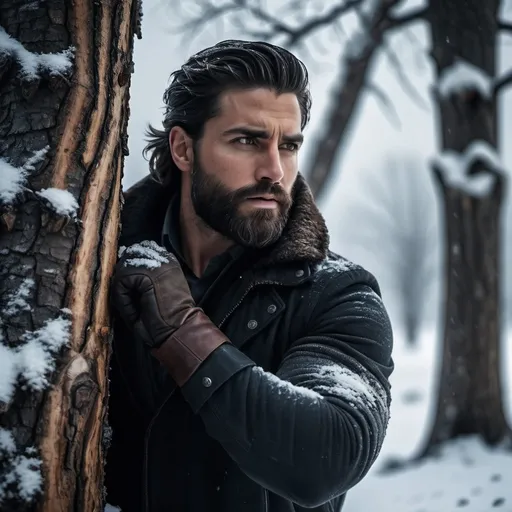 Prompt: (handsome bearded man disarming handsome dark hair 16 year male at the base of a tree), confrontation, snowy landscape, harsh cold atmosphere, brutal scene with evident injuries, rugged textures, dramatic lighting emphasizing shadows, War zone intricate details in tree bark and snowy ground, moody and gritty ambiance, ultra-detailed, high quality 4K resolution.