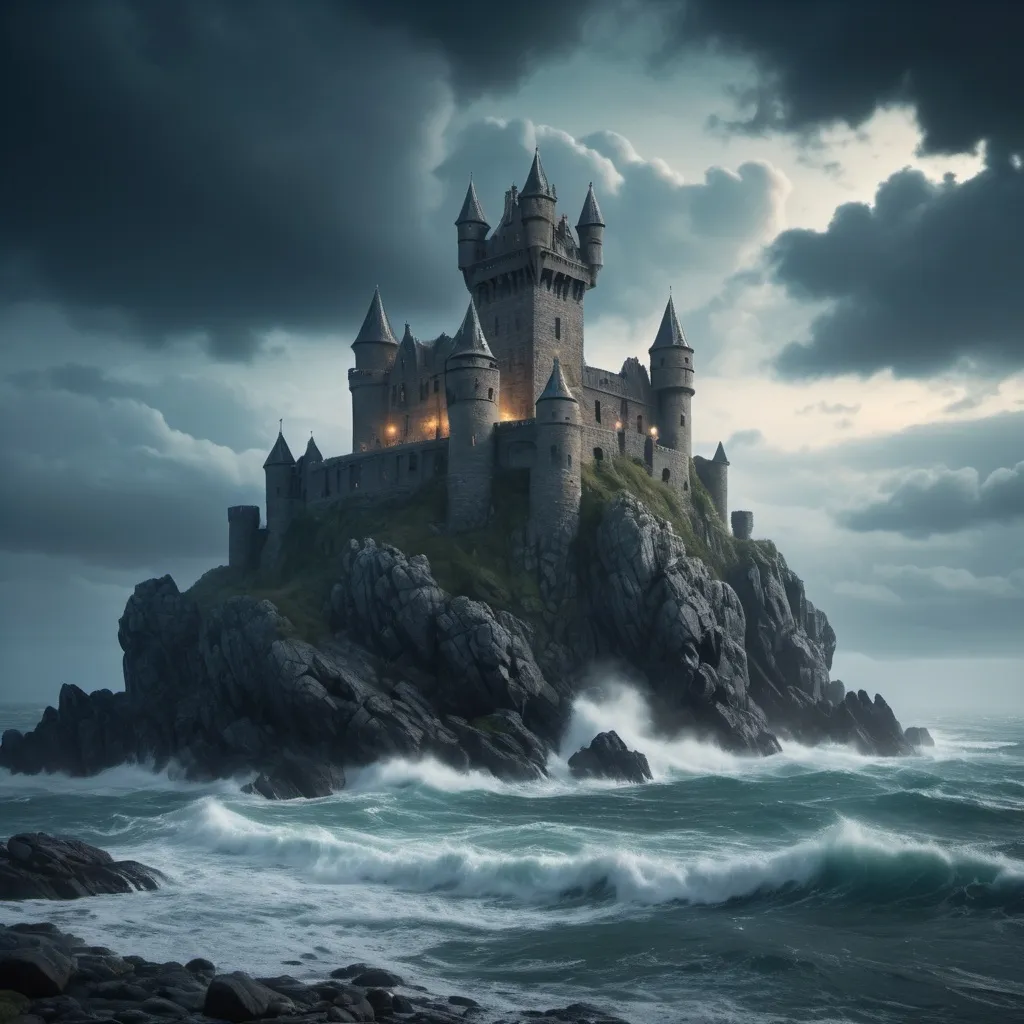 Prompt: (mysterious mcdermott castle), perched on a rocky island, surrounded by turbulent sea waves, dramatic clouds overhead, atmospheric mist enveloping the landscape, ethereal lighting illuminating the ancient stone structure, enchanting and eerie ambiance, rich details on the castle's walls, high-quality (4K), cinematic composition, breathtaking and captivating scenery.