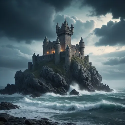 Prompt: (mysterious mcdermott castle), perched on a rocky island, surrounded by turbulent sea waves, dramatic clouds overhead, atmospheric mist enveloping the landscape, ethereal lighting illuminating the ancient stone structure, enchanting and eerie ambiance, rich details on the castle's walls, high-quality (4K), cinematic composition, breathtaking and captivating scenery.