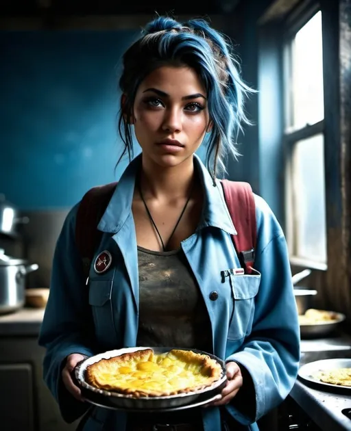 Prompt: Kianna, average looking, young rugged, homeless, 19 year old girl, baggy clothes, loves to cook, cinematic, heroic, pie, omlette, epic lighting, cool tones, detailed eyes, professional, gritty atmosphere, intense atmosphere, dramatic low professional lighting, post-apocalyptic setting, detailed eyes, highres, intense atmosphere, professional lighting, post-apocalyptic,, dramatic, rebel medic, blue tones