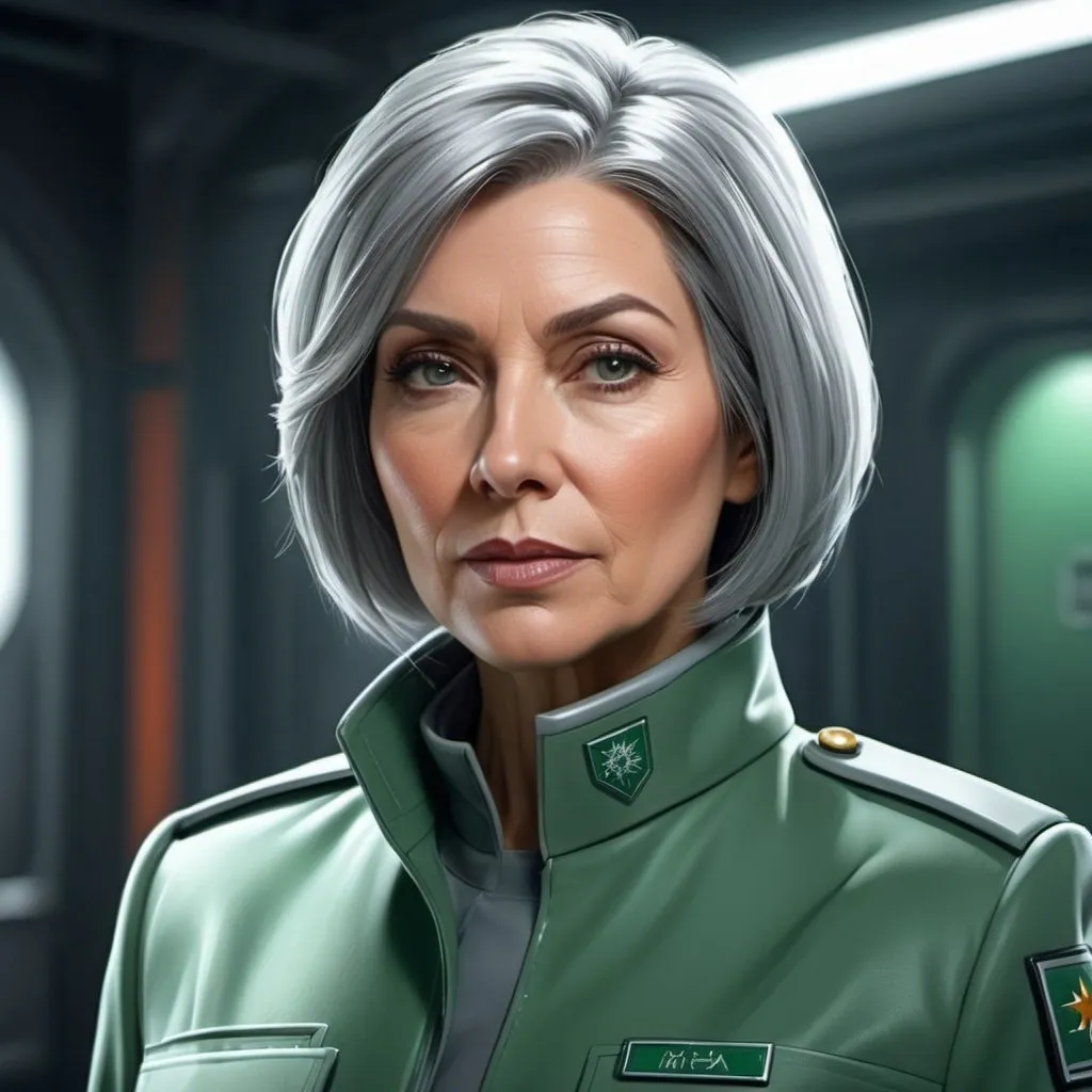 Prompt:  futuristic Warden of  industrial brick prison, kind-faced, tall older woman in futuristic casual military attire, gray straight bob  green uniform, warm and inviting expression, high quality, digital painting, realistic, cold tones, professional lighting, winter, futuristic, gritty,