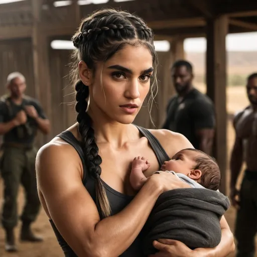 Prompt: beautiful woman with braided hair and sofia Boutella features, MMA fighting off soldier, holding a baby with one arm, dusty midwestern setting, intense action, realistic, rugged, dramatic lighting, midwest, high quality, action, dramatic, midwestern, intense, detailed faces, strong woman, dynamic composition