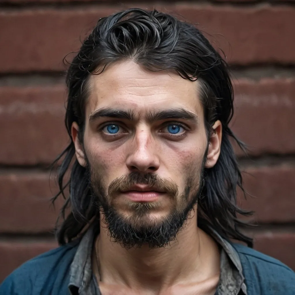 Prompt: Handsome but starved, holocaust thin, emaciated, 22-year-old with longish black hair and  long bangs, gaunt, beard and intense blue eyes, bruises, convict, thin, heavy beard, escaped at night, injured, in metal dump,  big beard, escaping 1880's prison, tattered , poor ripped, old, dirty clothes, gaunt, battle injury, future, poverty, rebels, war, refugee rebels, gritty, escape, on the run, evade, night time, facial hair, sorrowful