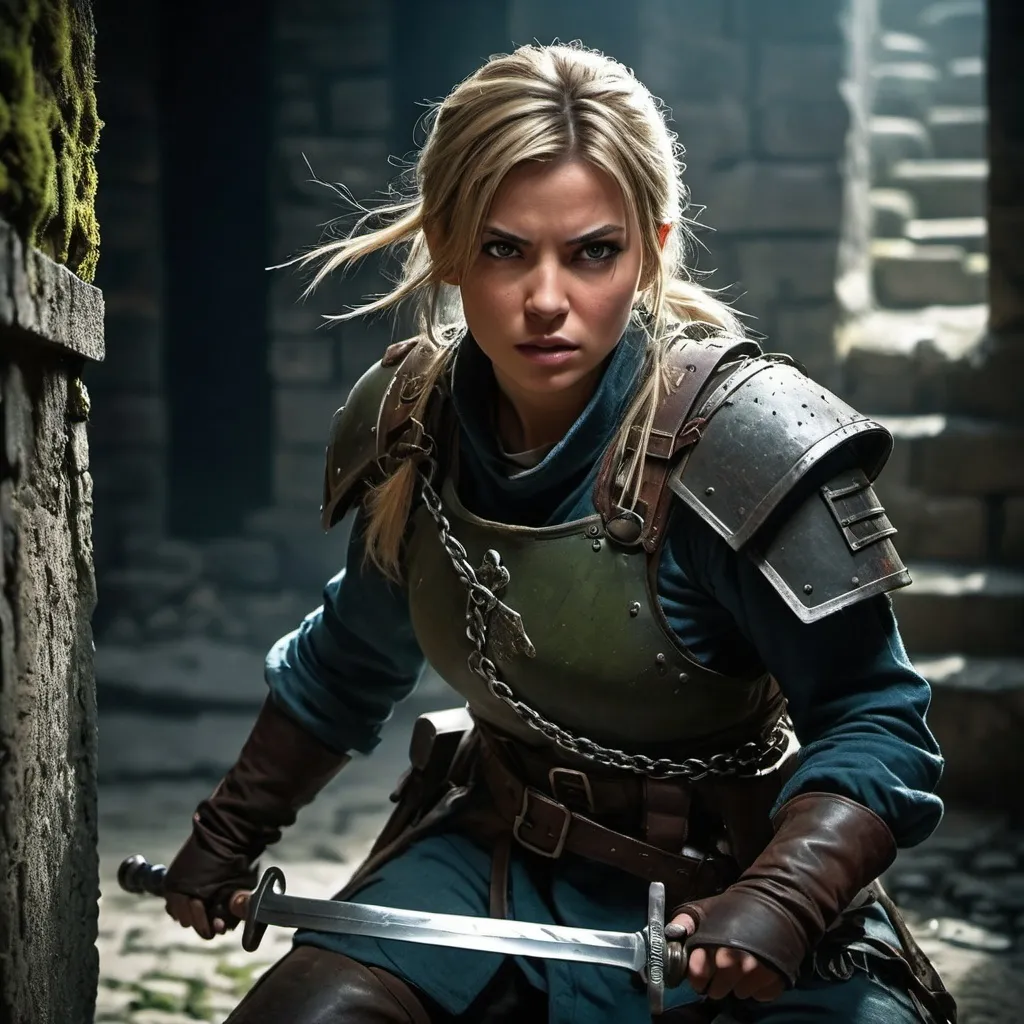 Prompt: (dungeon setting), (strong female soldier), intense battle scene, fighting with determination, dramatic lighting casting shadows, stone walls covered in moss, dark and gritty ambiance, fierce expressions on faces, armor glinting, concrete floor strewn with broken weapons, powerful perspective, focusing on the dynamic action, (handsome prisoner in chains), ultra-detailed, vivid colors, cinematic atmosphere, 4K quality.