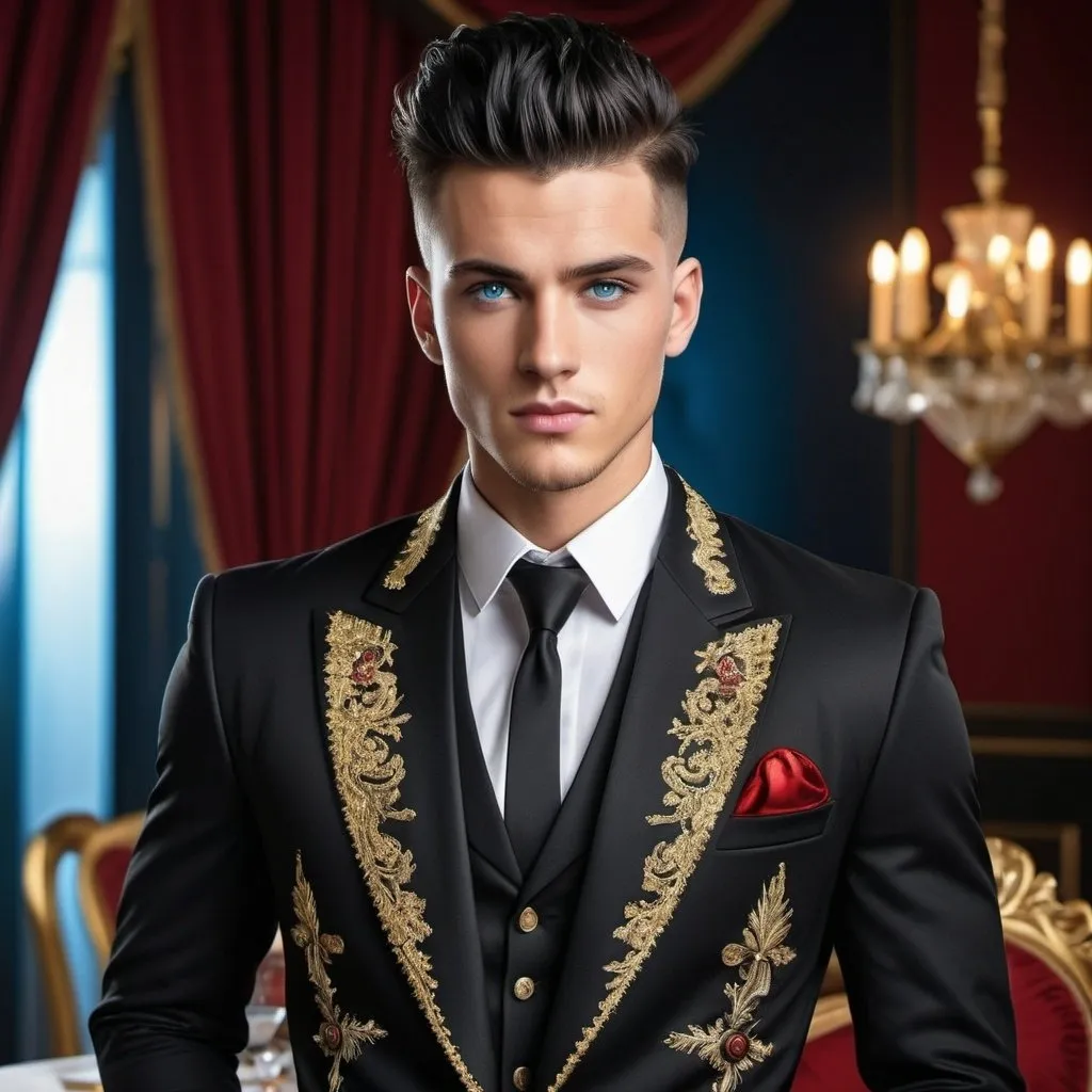 Prompt: Handsome 24-year-old with black hair, mohawk, and intense blue eyes, wearing a black dinner jacket with ornate gold and red thread designs, rebels, polished black boots, high quality, resistance, detailed, realistic, scarred, sophisticated, elegant, stylish, , mohawk, intense blue eyes, ornate dinner jacket, royal dinner setting, future, rebels, war, refugee
