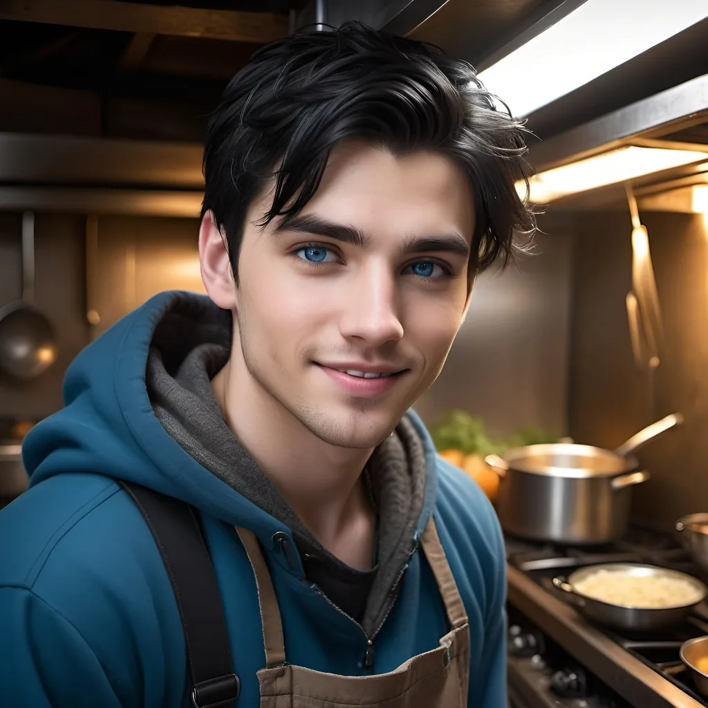 Prompt: handsome, black hair, blue-eyed young man, innocent face,  smiling, underground, cooking in the kitchen, intense atmosphere, dramatic  low  professional lighting, winter, post apocalyptic urban fantasy setting, dramatic lighting, intricate architectural details, high quality, realistic fantasy, urban setting, detailed expressions, dramatic lighting, 