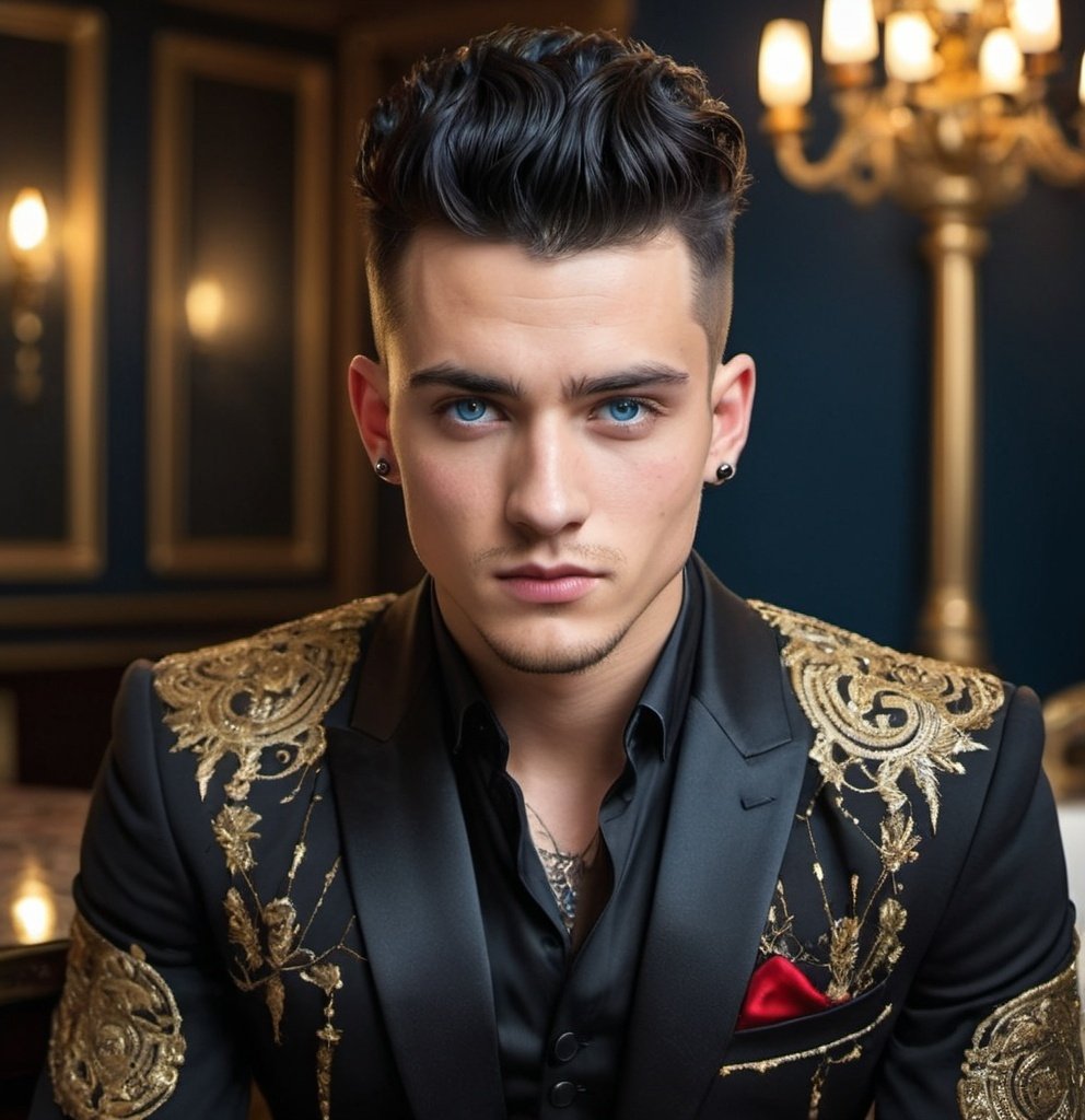 Prompt: Handsome 24-year-old with black hair, mohawk, and intense blue eyes, wearing a black dinner jacket with ornate gold and red thread designs, battle injury, future, rebels, war, refugee  rebels, scarred, sophisticated, elegant, stylish, , mohawk, dinner setting, 
