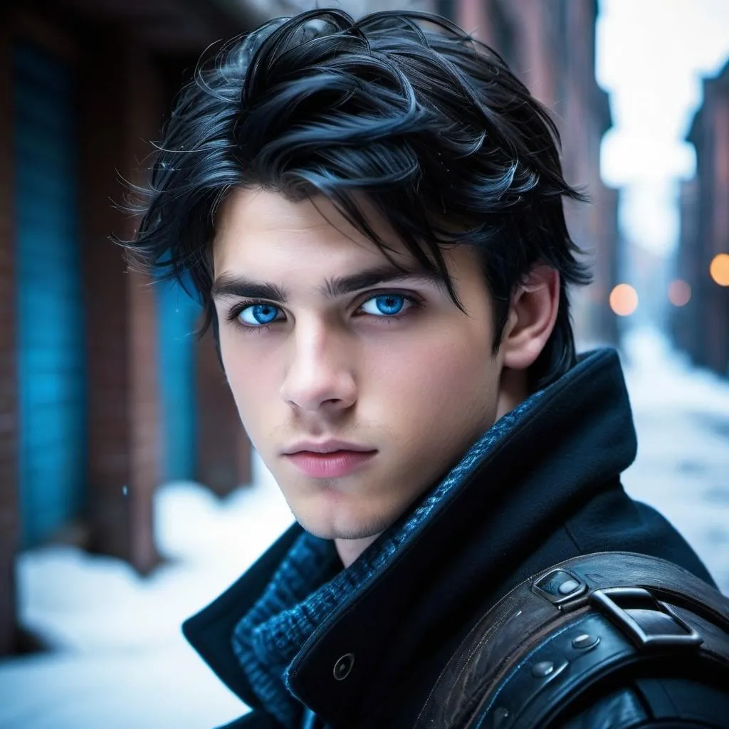 Prompt: handsome, black hair, blue-eyed 18 year old man, innocent face,   rebels. intense atmosphere, dramatic  low  professional lighting, winter, post apocalyptic urban fantasy setting, dramatic lighting, intricate architectural details, high quality, realistic fantasy, urban setting, detailed expressions, dramatic lighting, 