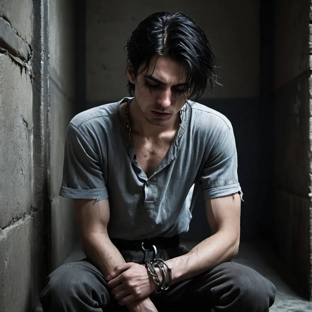 Prompt:  Gothic architecture, suffering,  kneeling, handcuffs, his black hair now longer fell over his icy blue eyes  POw, brow pinched, tattered shirt, Emaciated hands covered in bruises and prison grime,  cold stone floor, Rebels, Resistance, scars, blisters, bruises. gritty, dark, Skinny, starved, thin. tears, crying, painful, begging,, young handsome dark hair, tears, sad, sorrow,
His brow pinched, weathering wave after wave of consuming pain, weeping eyes, shackles, injury
His back to the prison cell door as it opened. Gritty, Gothic, 1940's

