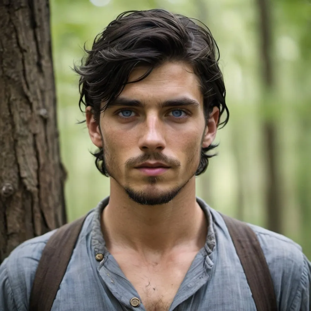 Prompt: Handsome but thin, 22-year-old with longish black hair, and intense blue eyes, bruises, convict, thin, escaped, injured, in woods,  big beard, escaping 1880's prison, tattered , ripped, old, dirty clothes, battle injury, future, rebels, war, refugee rebels, gritty, 