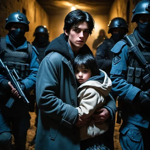 Prompt: handsome, black hair, blue-eyed 16 year old homless boy, wearing old worn out peet coat, carrying small young female child in his arms, guarded by masked soldiers, kidnappers,  black gothic temple setting, Refugee, intense low light atmosphere, dramatic lighting, dynamic composition, gritty, Warzone, captive, rebellious, dramatic lighting, professional lighting