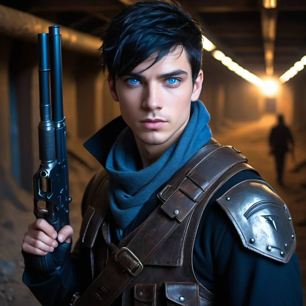 Prompt: handsome, black hair, blue-eyed young man, innocent face,   warrior, underground, wearing guns rebels. intense atmosphere, dramatic  low  professional lighting, winter, post apocalyptic urban fantasy setting, dramatic lighting, intricate architectural details, high quality, realistic fantasy, urban setting, detailed expressions, dramatic lighting, 