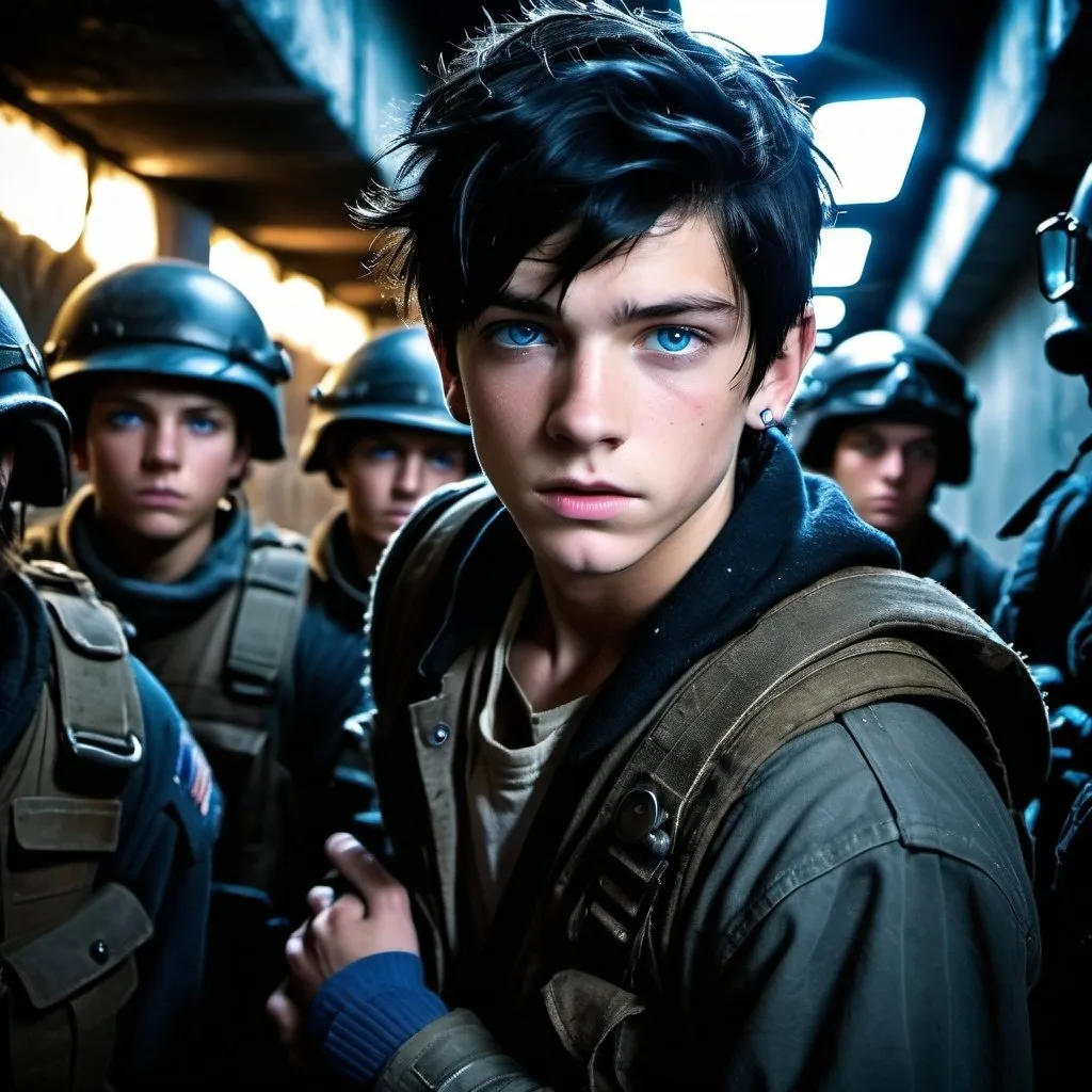 Prompt: handsome, black hair, blue-eyed 15 year old homeless male, detained, handcuffs,  dark  tunnel, surrounded by post apocalyptic soldiers, intense atmosphere, dramatic  low lighting, dynamic composition, gritty, Warzone, captive, rebellious, dramatic lighting, professional lighting, winter, post apocalyptic