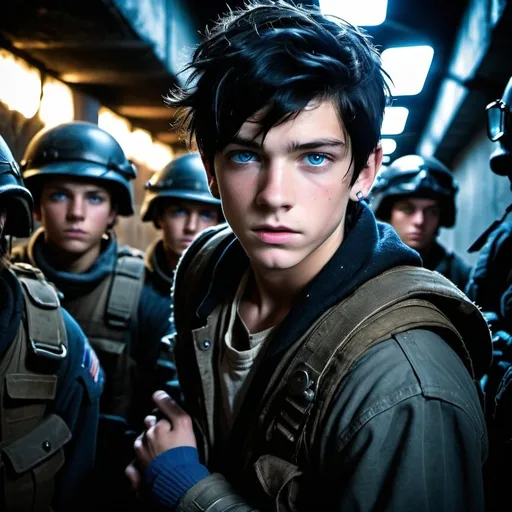 Prompt: handsome, black hair, blue-eyed 15 year old homeless male, detained, handcuffs,  dark  tunnel, surrounded by post apocalyptic soldiers, intense atmosphere, dramatic  low lighting, dynamic composition, gritty, Warzone, captive, rebellious, dramatic lighting, professional lighting, winter, post apocalyptic