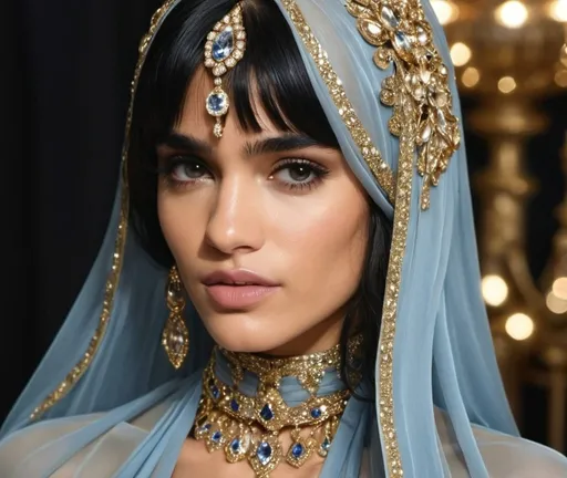 Prompt:  Sofia Boutella-like woman in a  highcollar flowing blue silk and shimmering gold dress, covered in gold jewels, classic modest  , luxurious material, highres, elegant, glamorous, sophisticated, shimmering, opulent, 