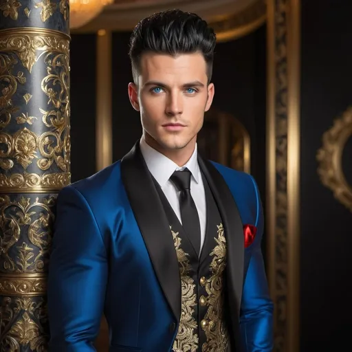 Prompt: Handsome 29-year-old with black hair, mohawk, and intense blue eyes, wearing a black dinner jacket with ornate gold and red thread designs, polished black boots, high quality, detailed, realistic, sophisticated, elegant, stylish, , mohawk, intense blue eyes, ornate dinner jacket, royal dinner setting, black hair, polished boots, realistic lighting