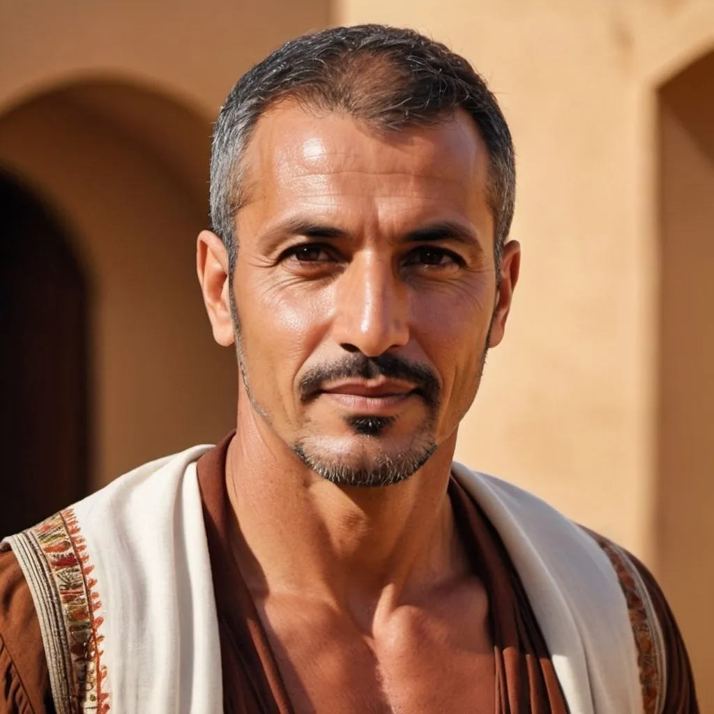 Prompt: Algerian middle-aged man with toned muscles, named Alessario Bancroft, wearing island clothes, short hair, uncle, detailed facial features, traditional art style, warm earthy tones, natural lighting, high quality, detailed muscles, cultural attire, personal connection, traditional, warm lighting